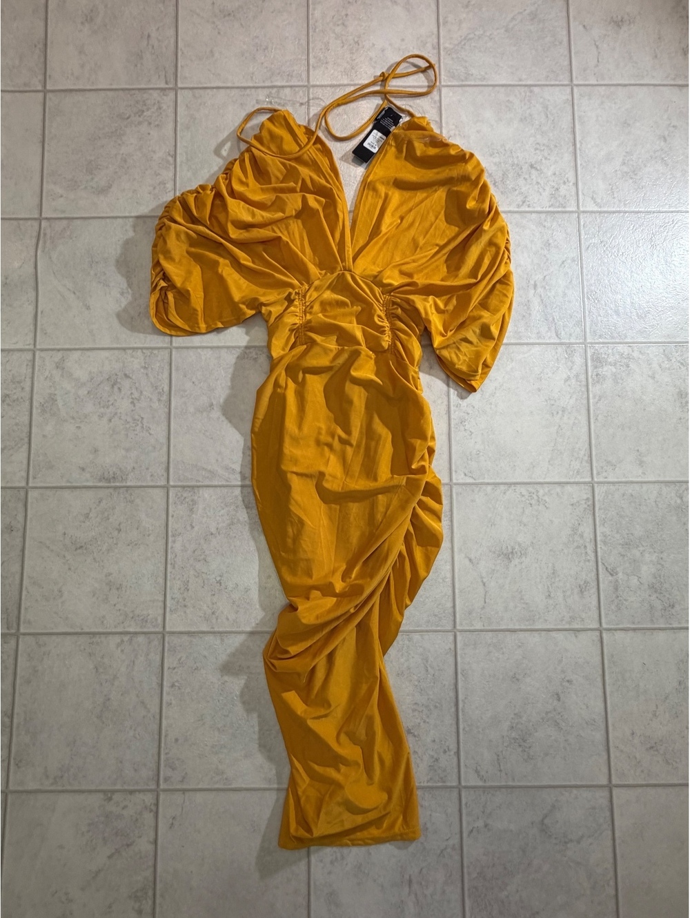 Fashion Nova Mandy Ruched Midi Dress in Mustard, Size M